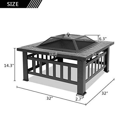 32in Wood Fire Pit with Mesh Lid and Fire Poker P30814