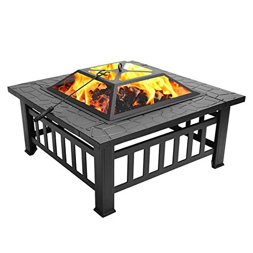 32in Wood Fire Pit with Mesh Lid and Fire Poker P30814
