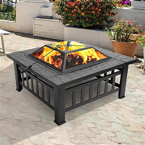 32in Wood Fire Pit with Mesh Lid and Fire Poker P30814