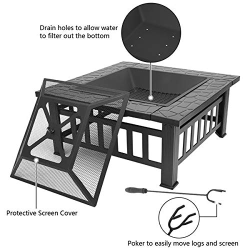 32in Wood Fire Pit with Mesh Lid and Fire Poker P30814