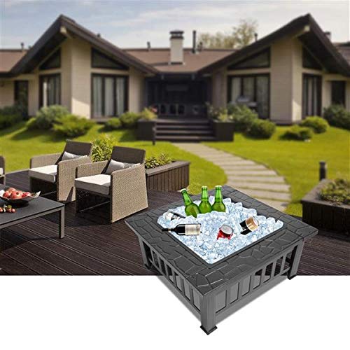 32in Wood Fire Pit with Mesh Lid and Fire Poker P30814