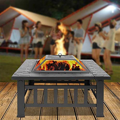 32in Wood Fire Pit with Mesh Lid and Fire Poker P30814