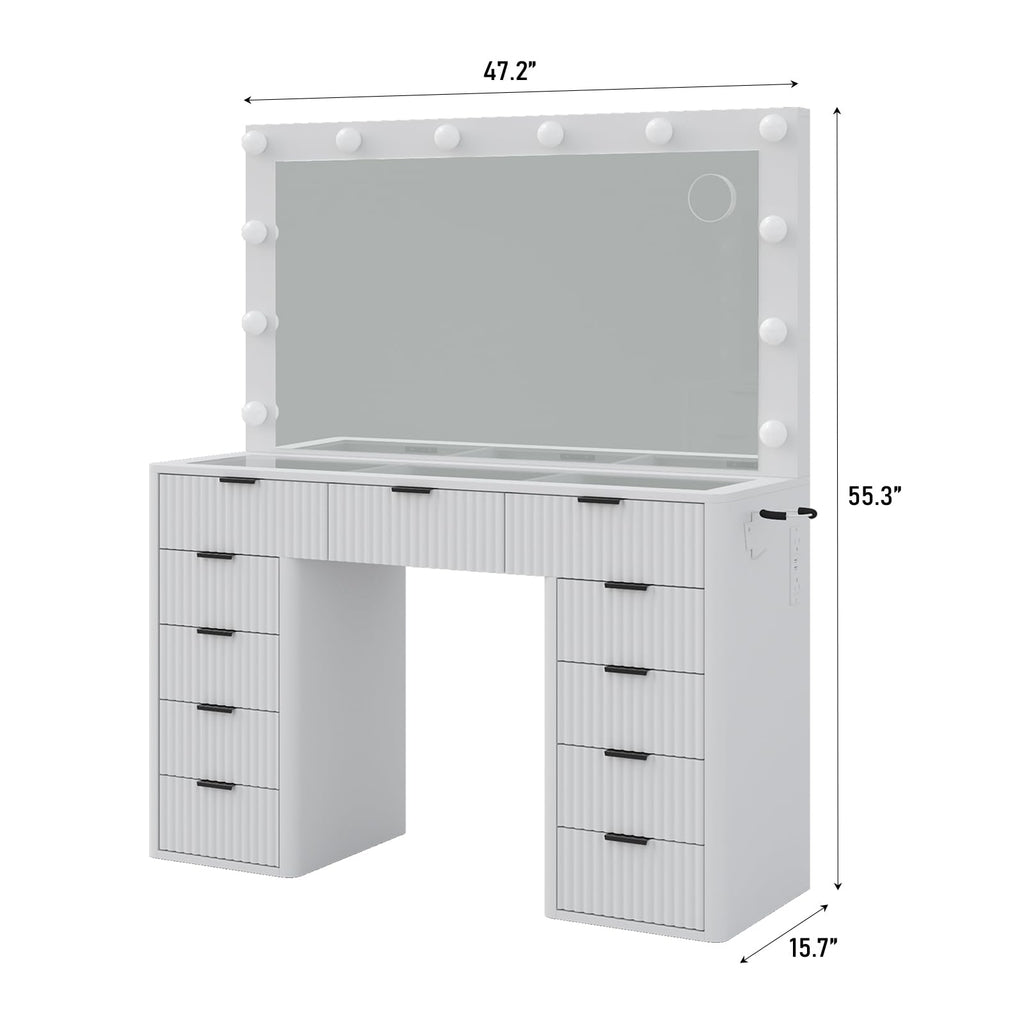 47" White Vanity Desk with 3-Color LED Mirror & 11 Drawers Z757289