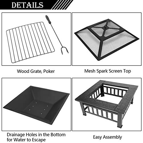 32in Wood Fire Pit with Mesh Lid and Fire Poker P30814