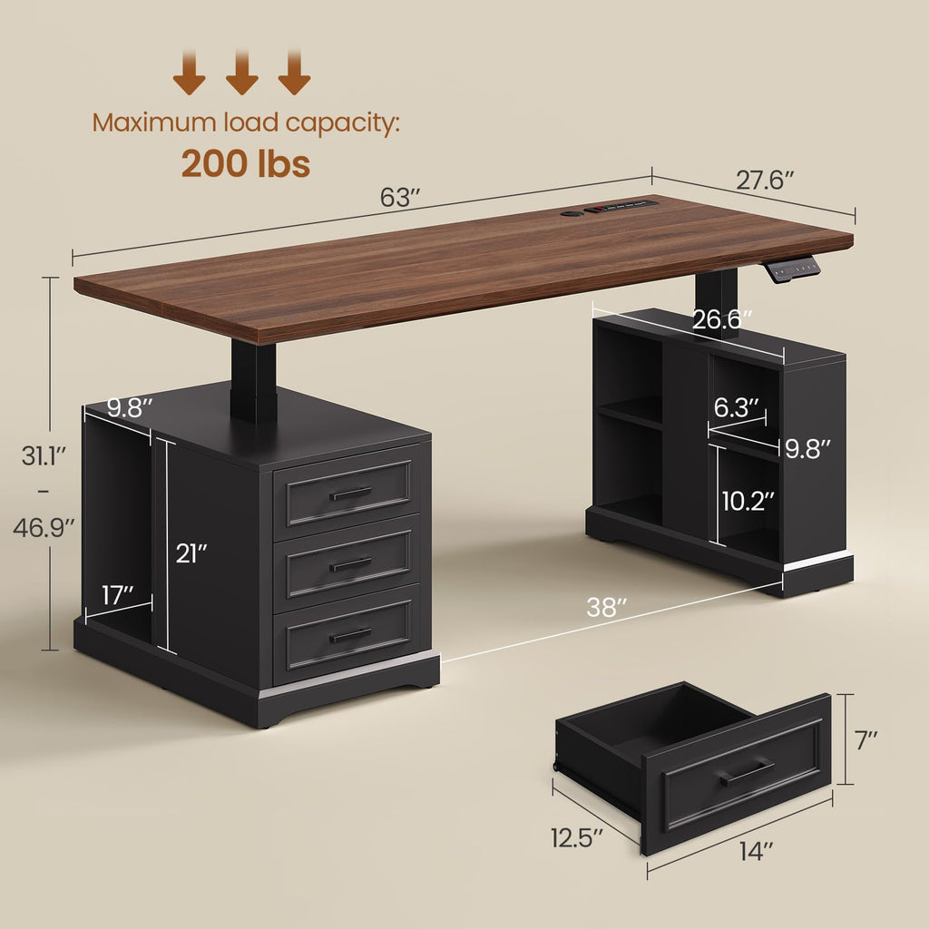63" Farmhouse Electric Standing Desk with 3 Drawers N660215