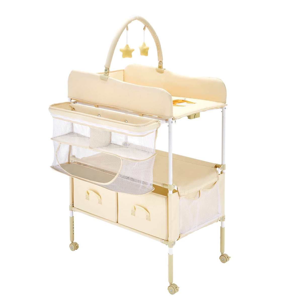 Light Beige Foldable Baby Changing Table with 2 Fabric Drawers K19018