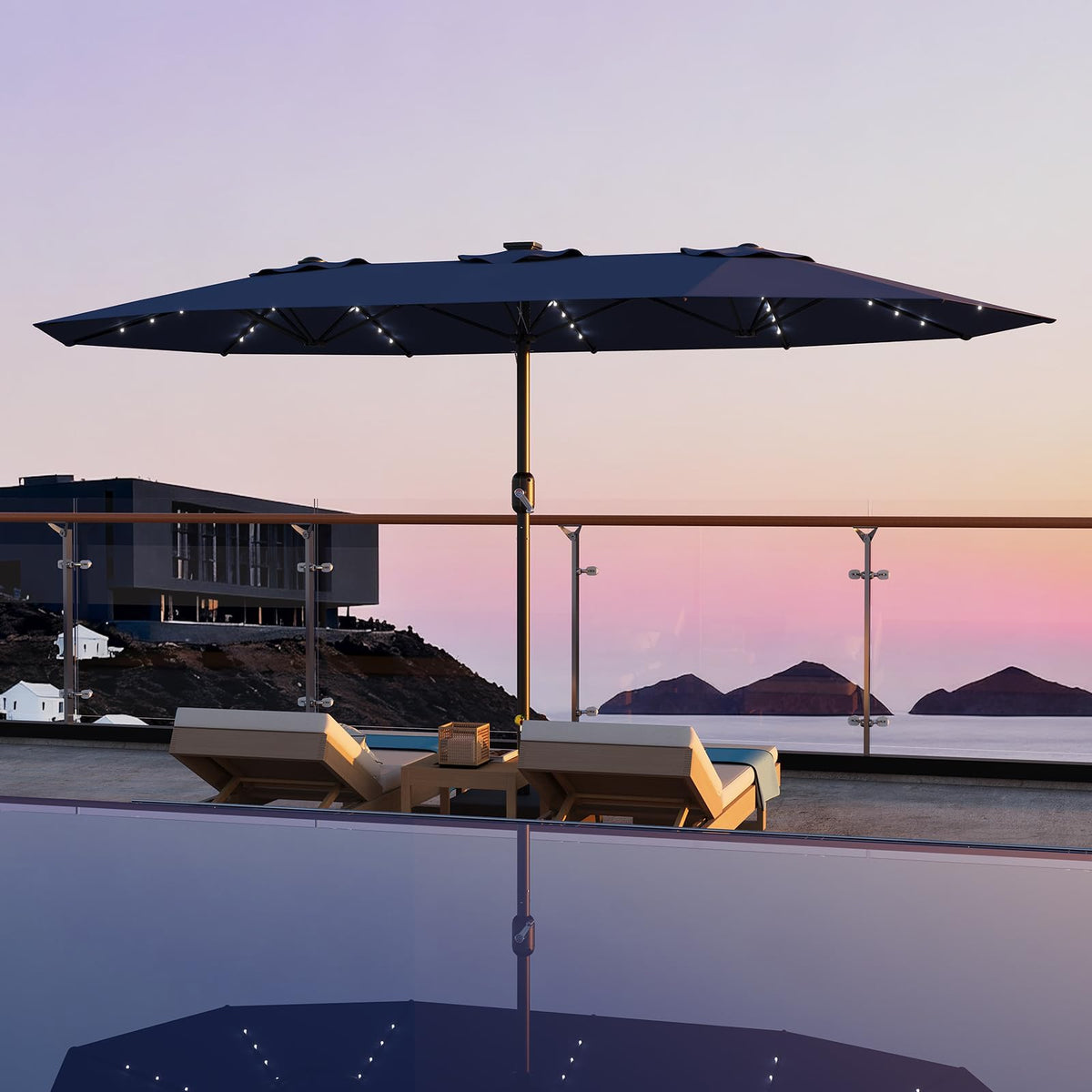 15FT Patio Umbrella with Solar Lights & Base H83677