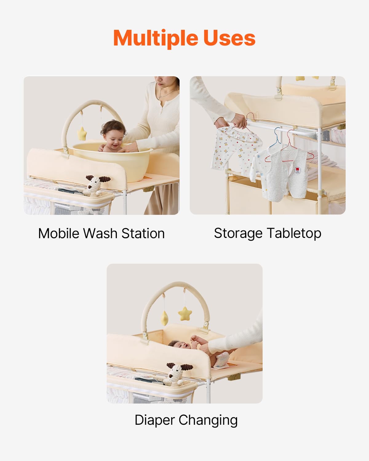 Light Beige Foldable Baby Changing Table with 2 Fabric Drawers K19018
