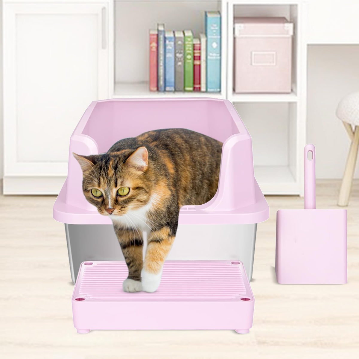 Open Cat Litter Box Stainless Steel High Walls with Scoop K4974