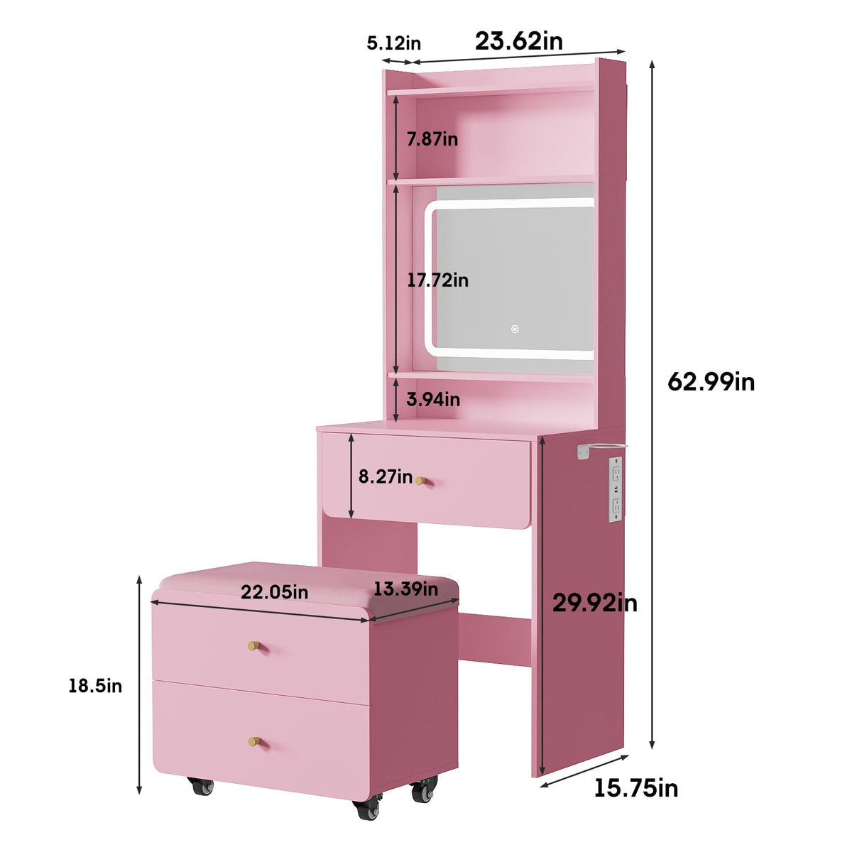 Vanity Desk with Mirror and Lighted Storage Chair T7957