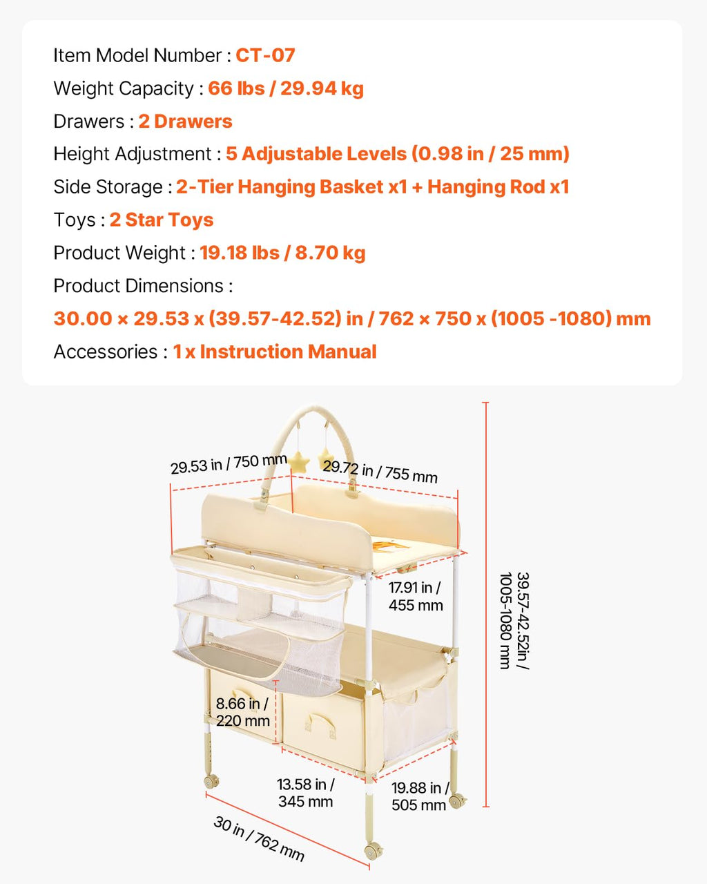 Light Beige Foldable Baby Changing Table with 2 Fabric Drawers K19018