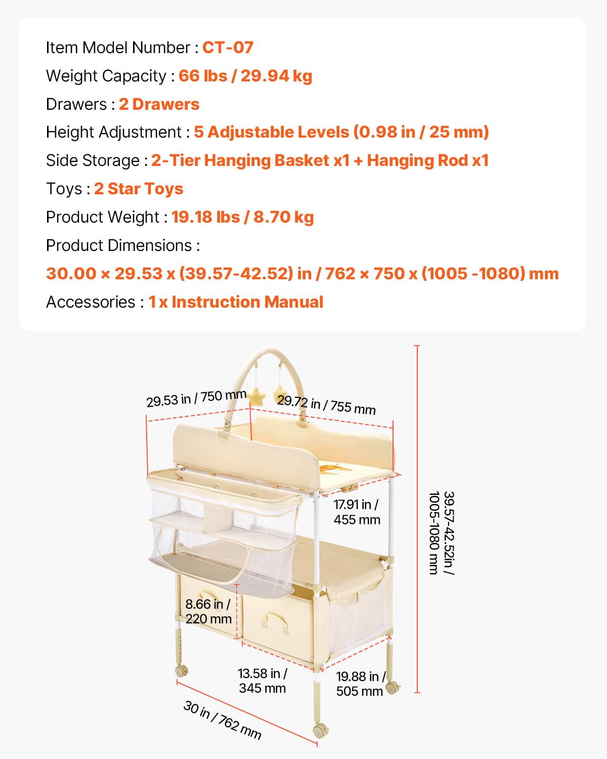 Light Beige Foldable Baby Changing Table with 2 Fabric Drawers K19018
