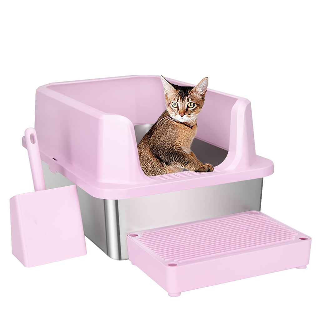 Open Cat Litter Box Stainless Steel High Walls with Scoop K4974