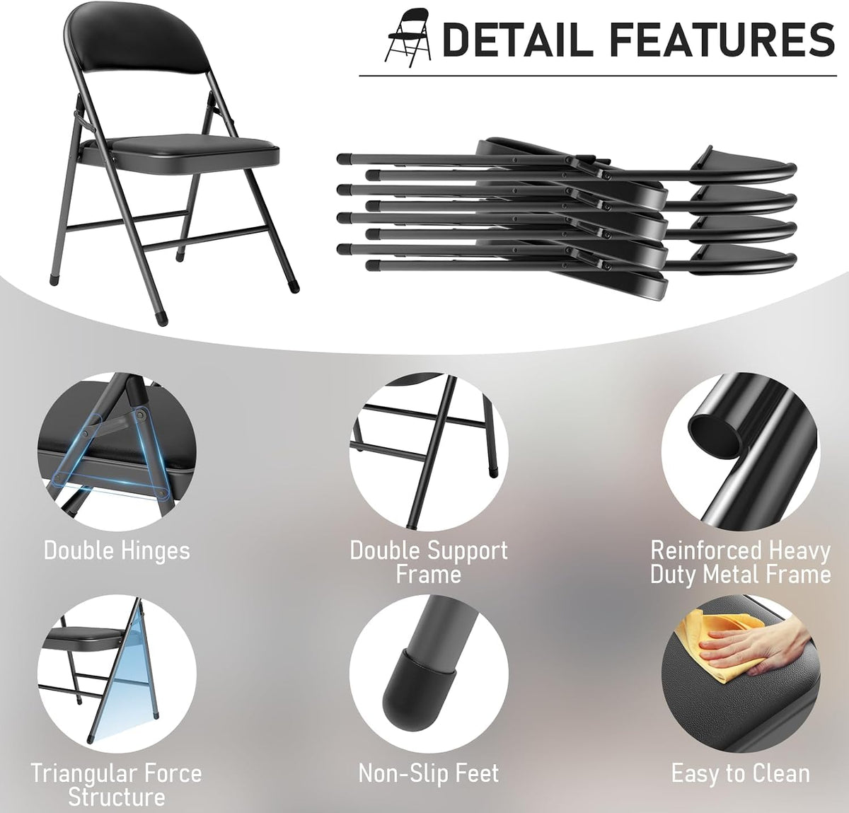 Black Folding Chairs with Padded Cushion, 10 Pack O4514