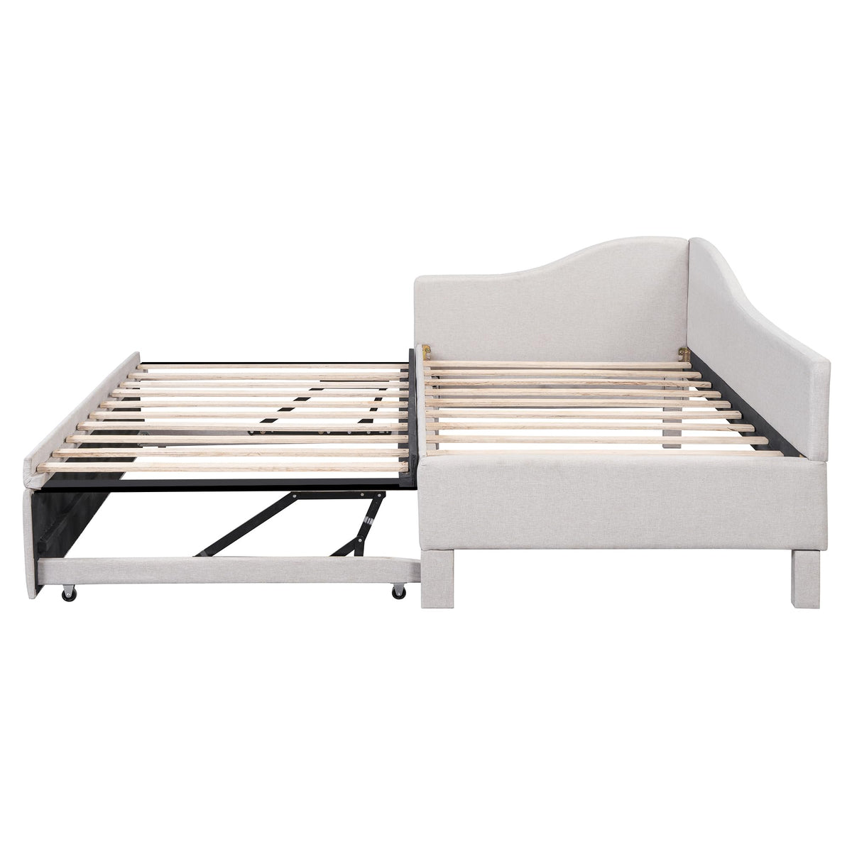 Beige Linen Upholstered Twin Size L-Shaped Daybed with Pop Up Trundle I385