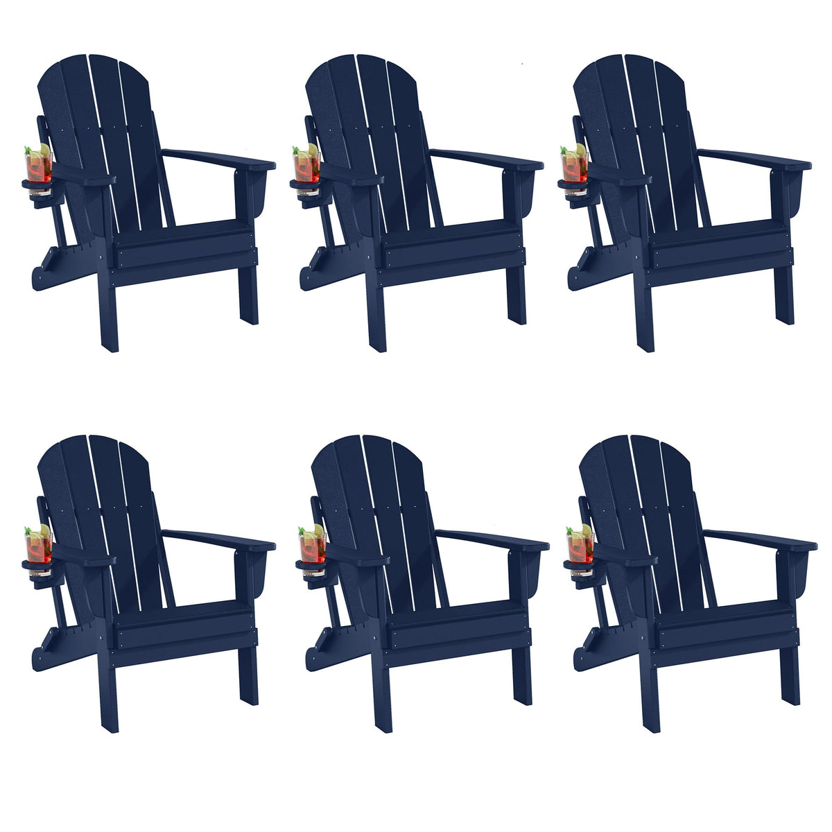 Folding Adirondack Chairs Set of 6, All-Weather Resistant HDPE Patio Chairs with Cup Holder, Navy Blue M883