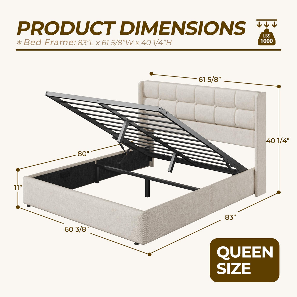 Queen Size Linen Upholstered Lift Up Storage Bed Frame U44117