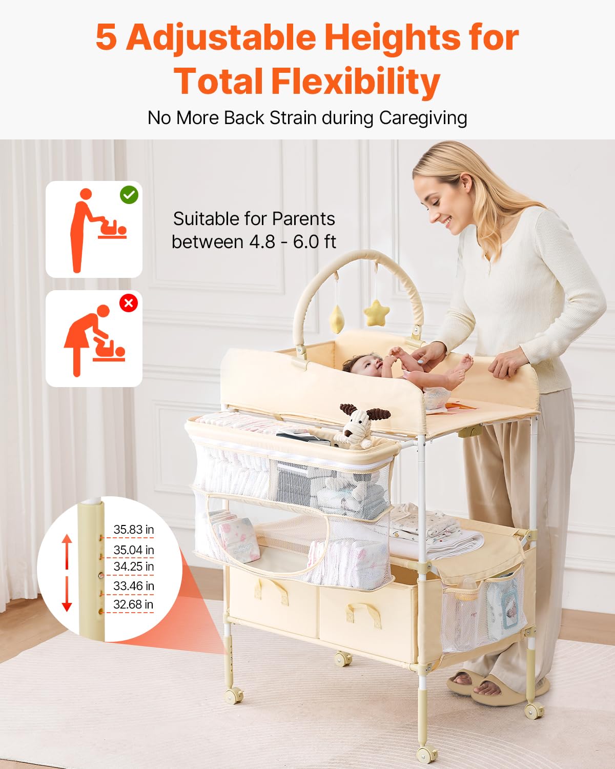 Light Beige Foldable Baby Changing Table with 2 Fabric Drawers K19018