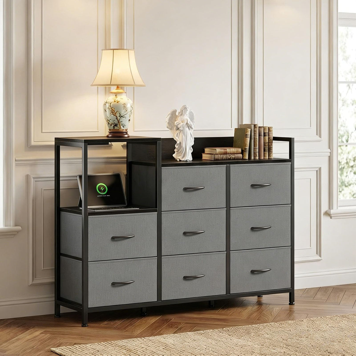 TV Stand with Charging Station, 8 Fabric Drawers Dresser Q2379