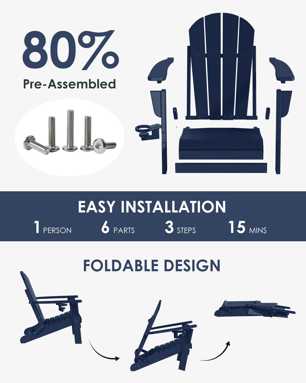 Folding Adirondack Chairs Set of 6, All-Weather Resistant HDPE Patio Chairs with Cup Holder, Navy Blue M883