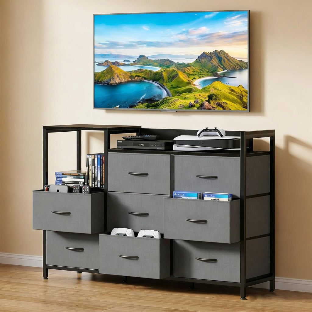 TV Stand with Charging Station, 8 Fabric Drawers Dresser Q2379