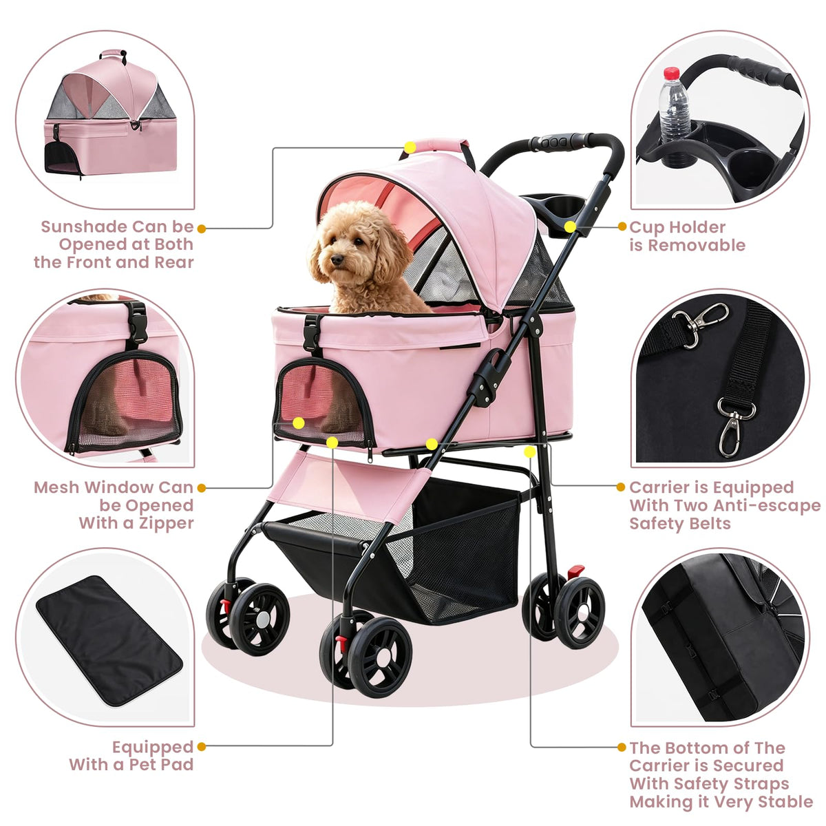 Pink Pet Stroller with Detachable Carrier F294320
