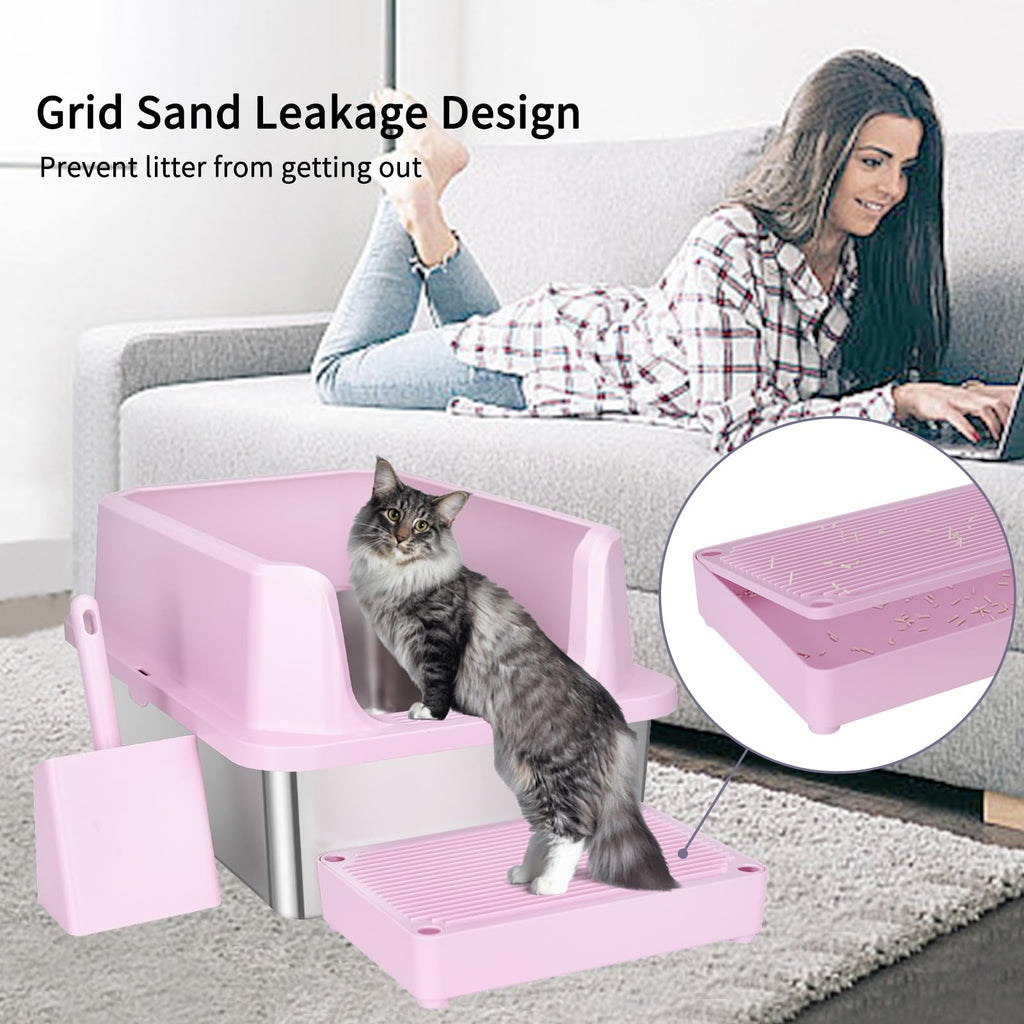 Open Cat Litter Box Stainless Steel High Walls with Scoop K4974