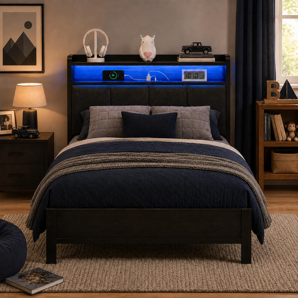 Dark Grey Twin Bed Frame with LED Lights and Charging Station Q744