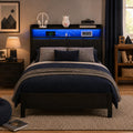Dark Grey Twin Bed Frame with LED Lights and Charging Station Q744