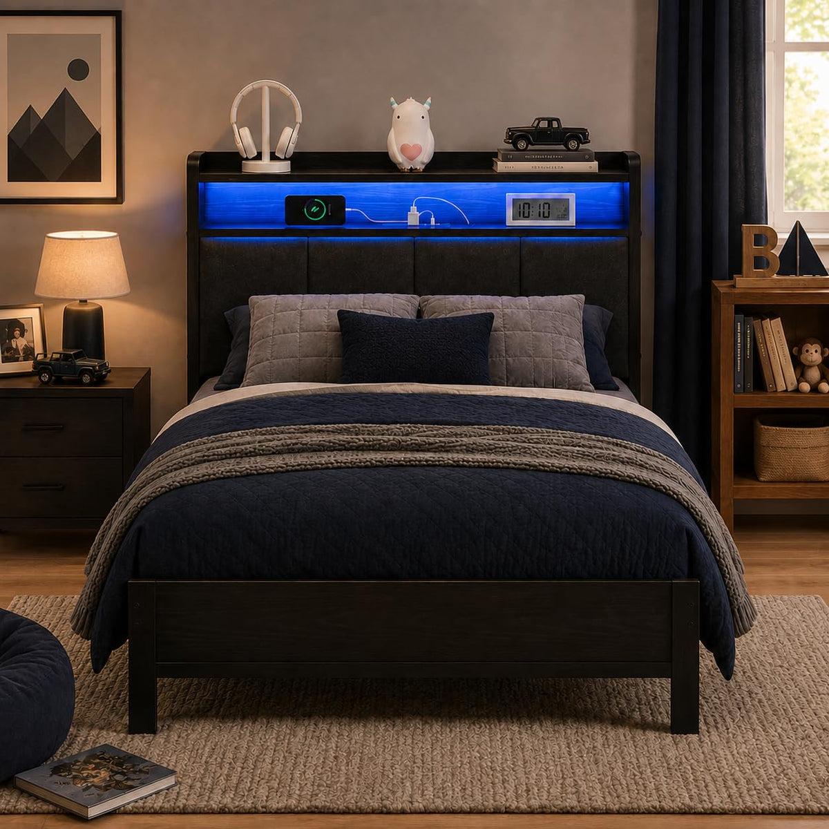 Dark Grey Twin Bed Frame with LED Lights and Charging Station Q744