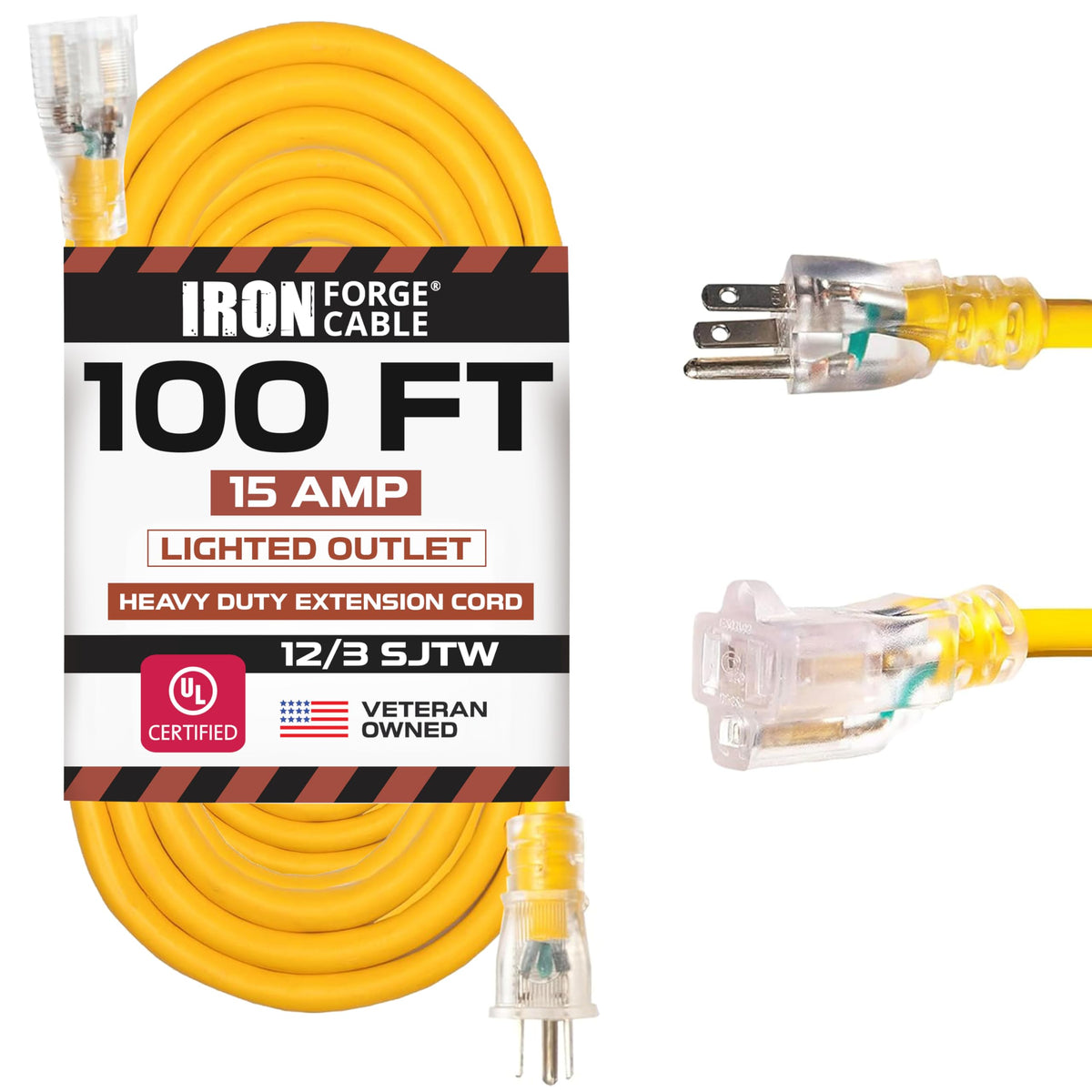 100 Foot Outdoor Extension Cord 12/3 SJTW Heavy Duty Yellow 3 Prong 15 AMP I24102