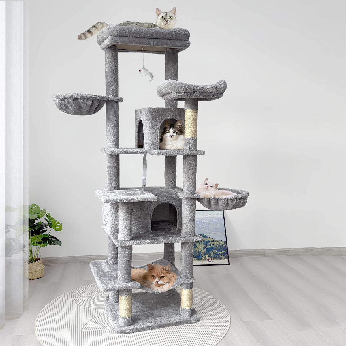68 Inches Tall Multi-Level Cat Tree with Hammock and Light Gray C421608