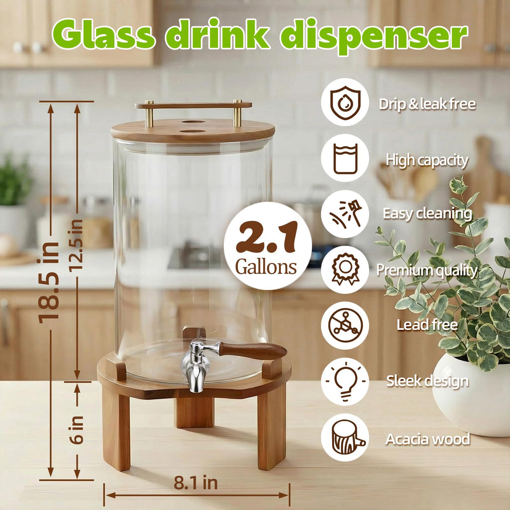 2.1 Gallon Glass Beverage Dispenser with Stand and Stainless Steel Spigot L1718
