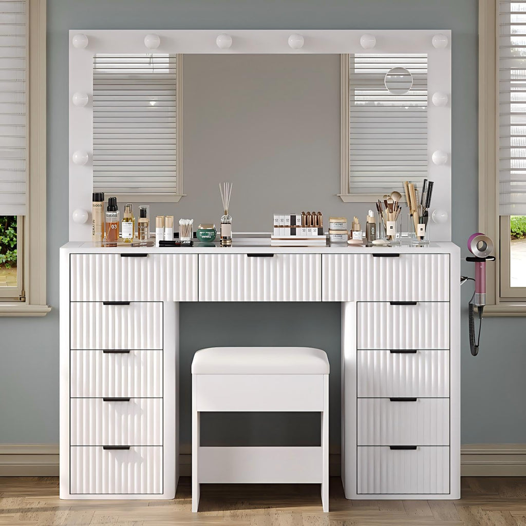 47" White Vanity Desk with 3-Color LED Mirror & 11 Drawers Z757289