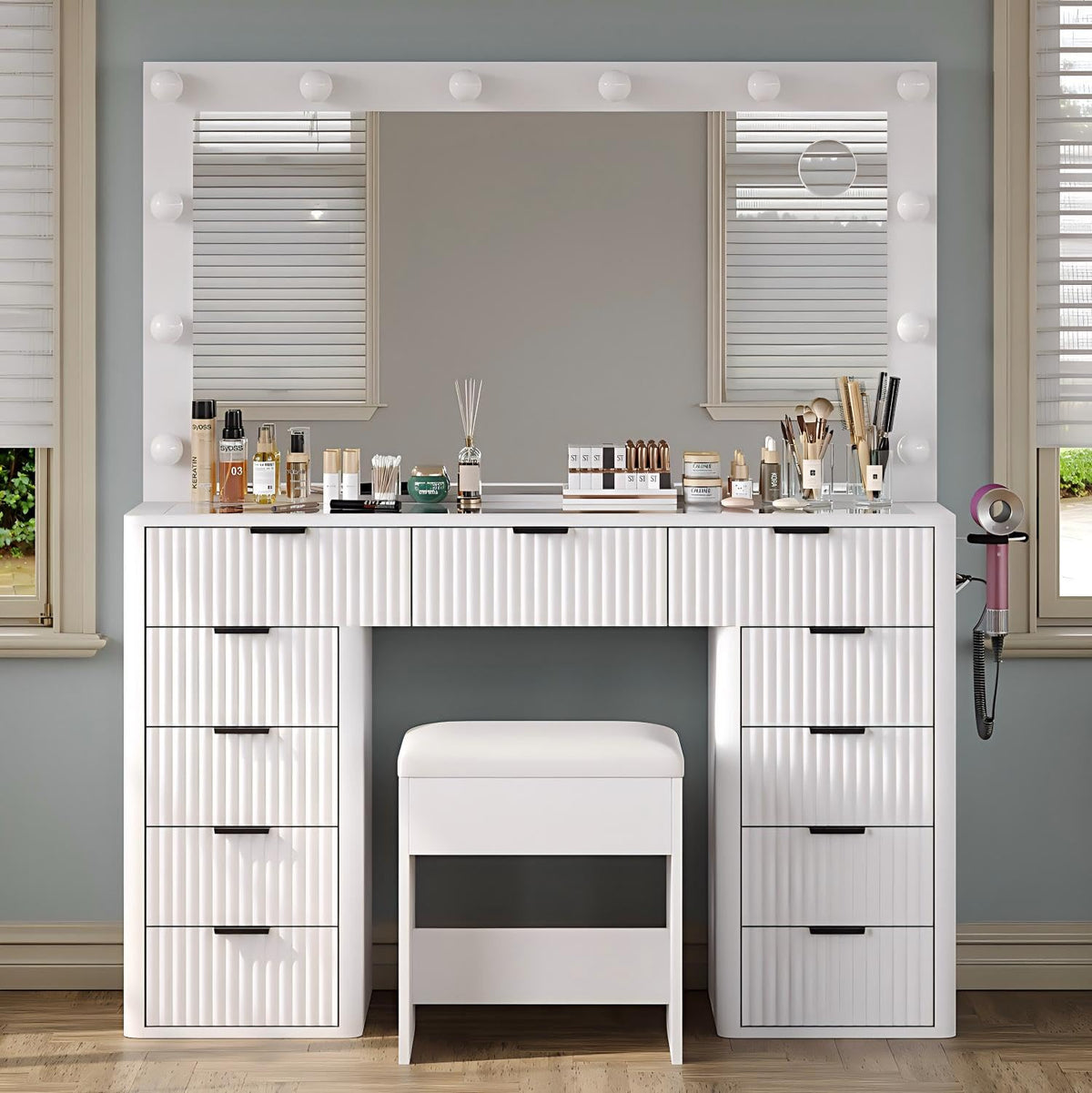 47" White Vanity Desk with 3-Color LED Mirror & 11 Drawers Z757289