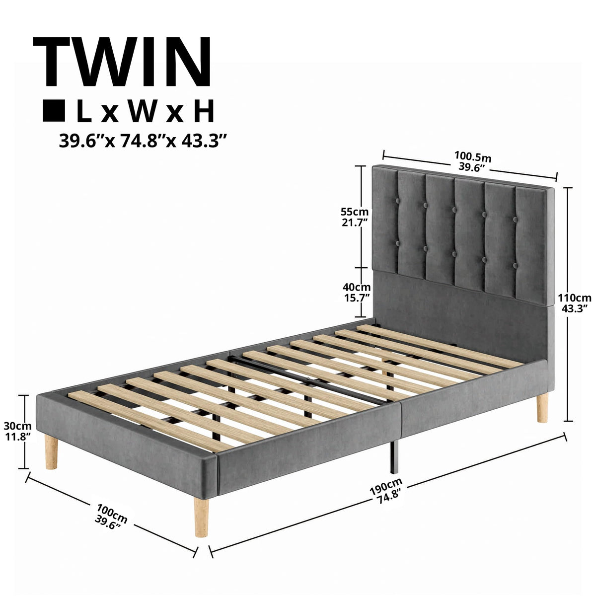 Grey Velvet Upholstered Twin Platform Bed Frame with Headboard E269
