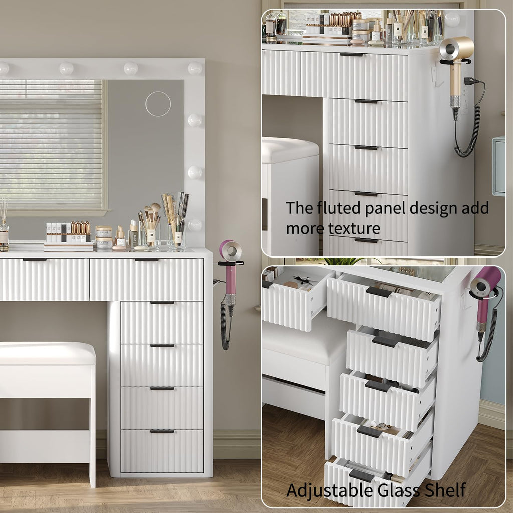 47" White Vanity Desk with 3-Color LED Mirror & 11 Drawers Z757289