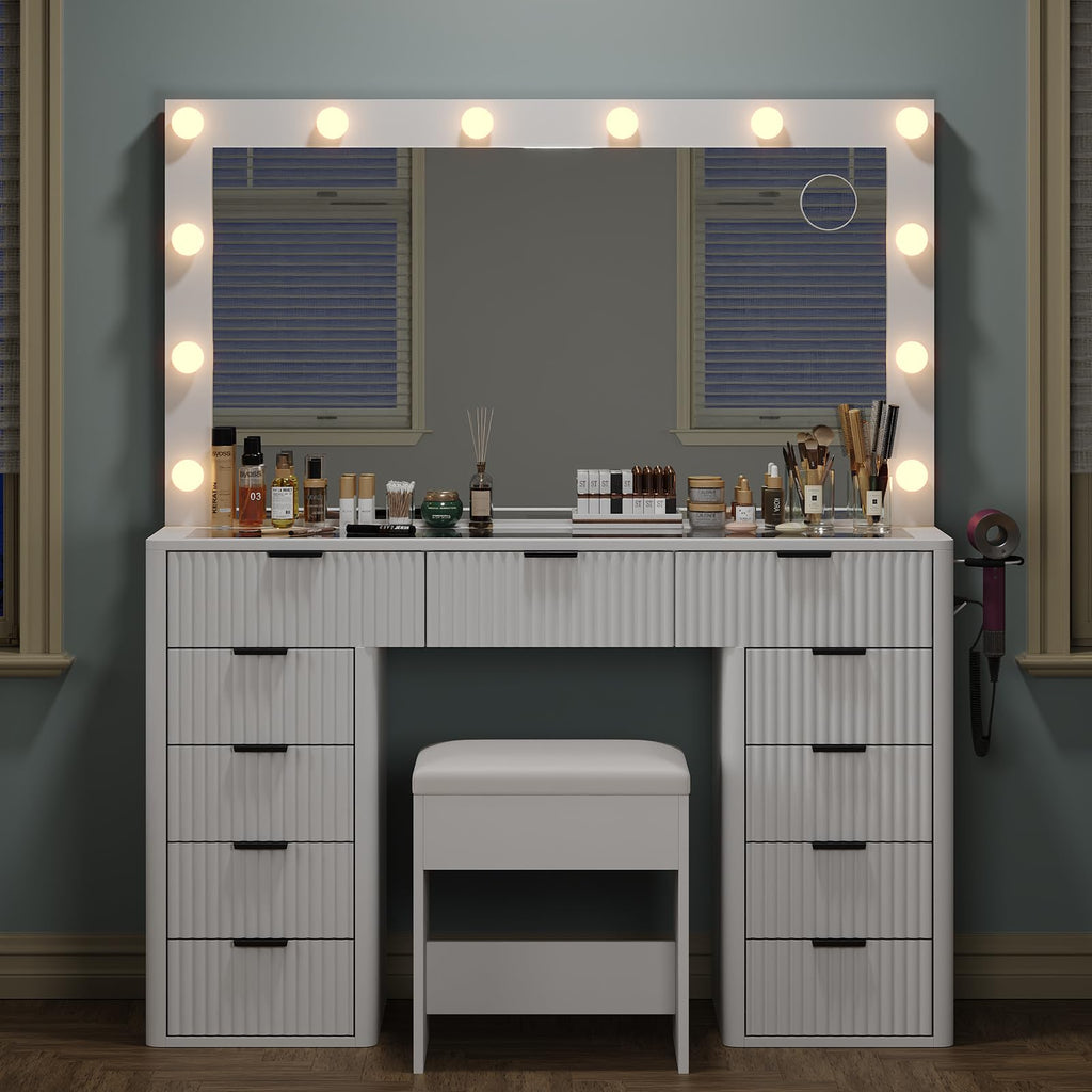 47" White Vanity Desk with 3-Color LED Mirror & 11 Drawers Z757289