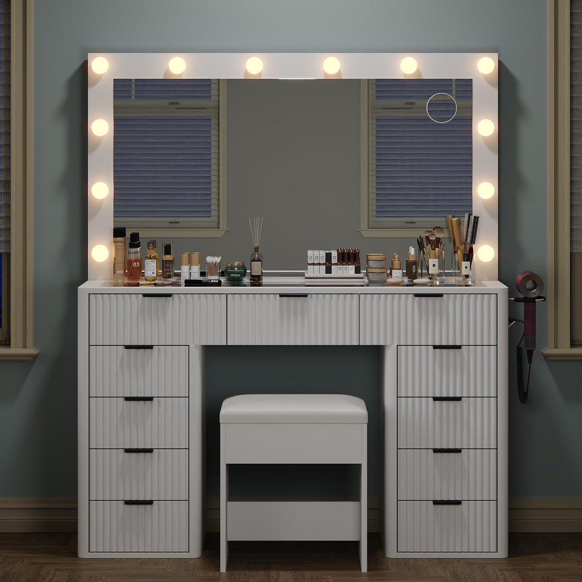 47" White Vanity Desk with 3-Color LED Mirror & 11 Drawers Z757289