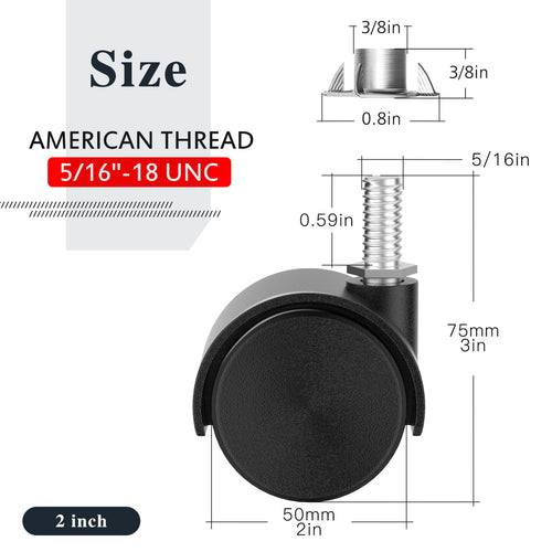 2 Inch Black Swivel Stem Casters Set of 4 P403234
