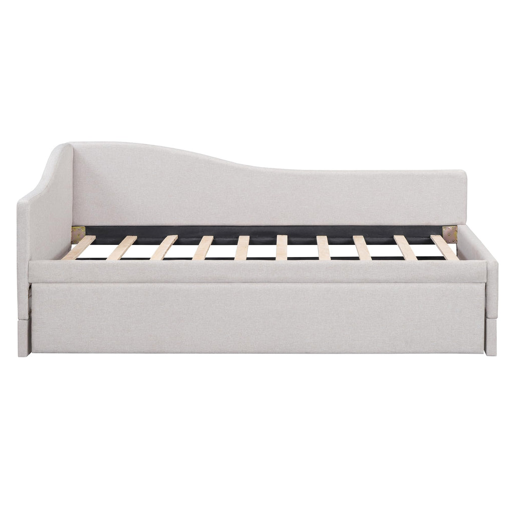 Beige Linen Upholstered Twin Size L-Shaped Daybed with Pop Up Trundle I385