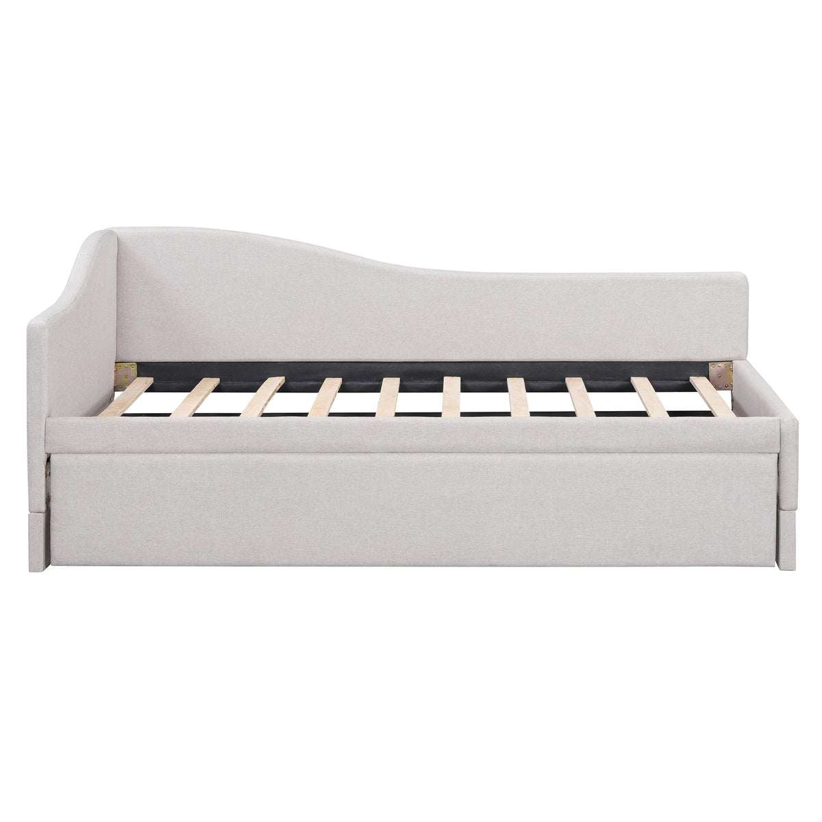Beige Linen Upholstered Twin Size L-Shaped Daybed with Pop Up Trundle I385