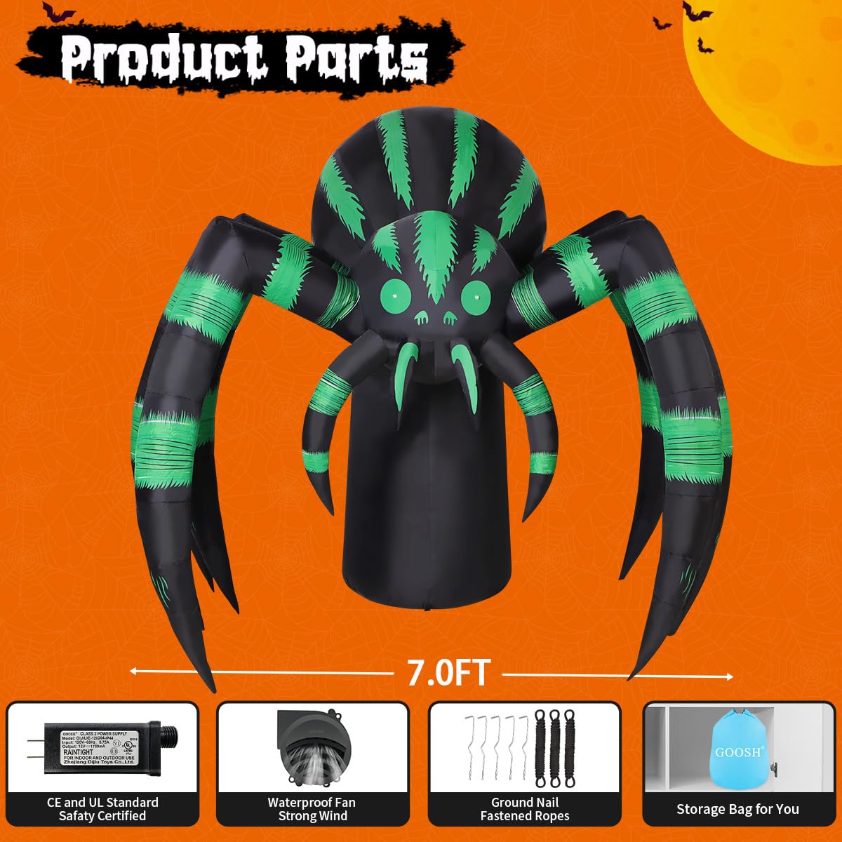 7 FT Inflatable Spider Outdoor Decoration with LED Lights W646