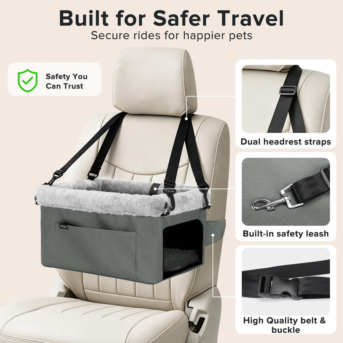 Dog Booster Seat with Metal Frame and Safety Leash, Grey S444513
