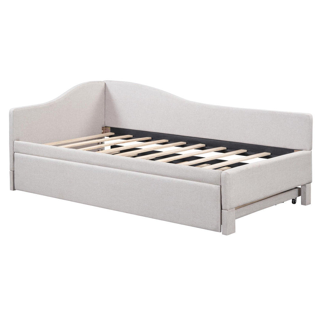 Beige Linen Upholstered Twin Size L-Shaped Daybed with Pop Up Trundle I385