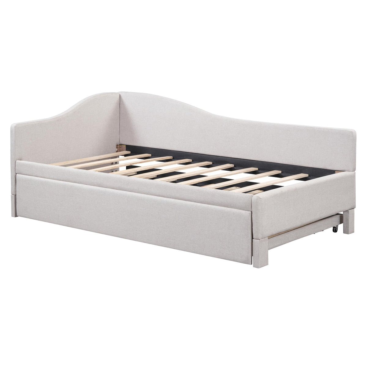 Beige Linen Upholstered Twin Size L-Shaped Daybed with Pop Up Trundle I385