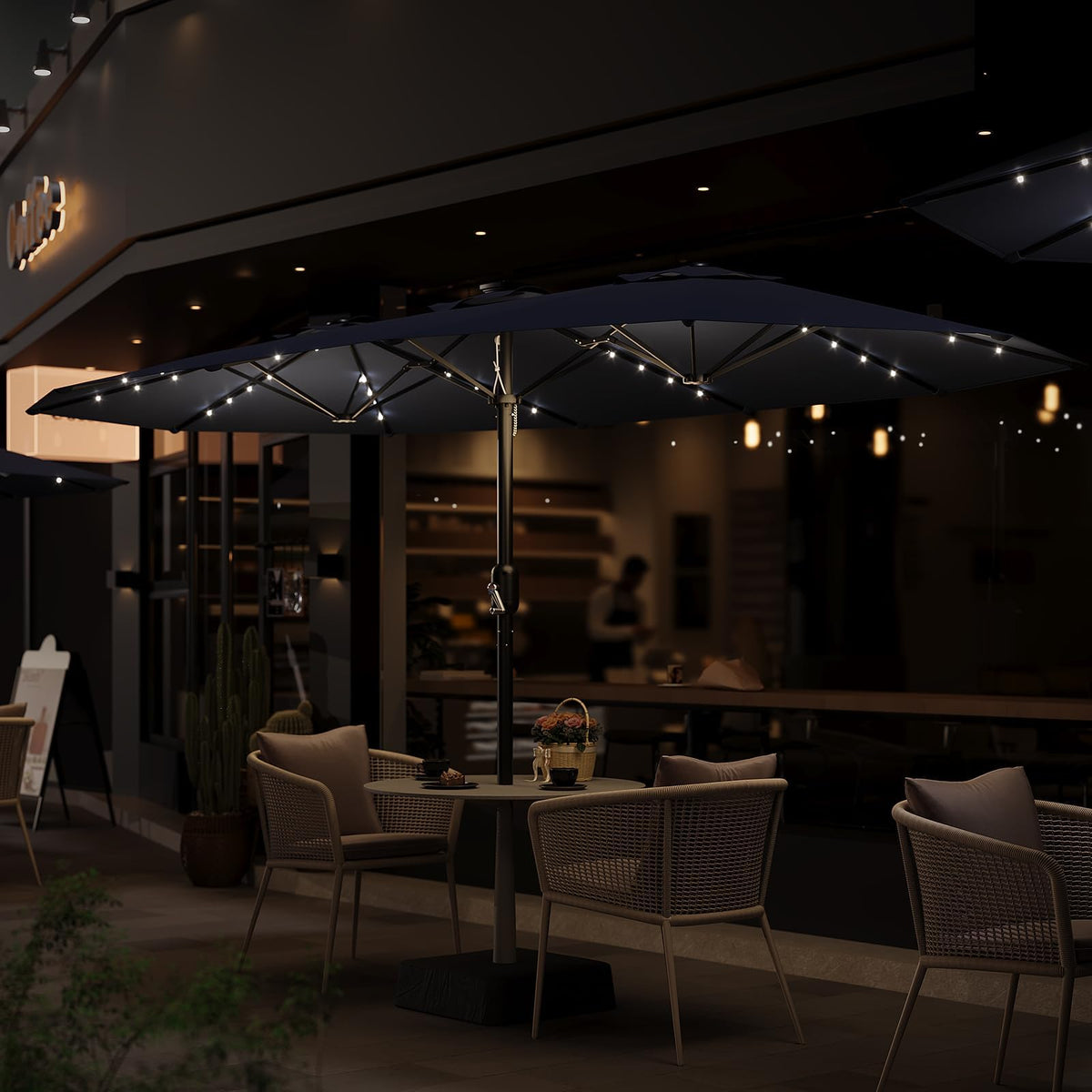 15FT Patio Umbrella with Solar Lights & Base H83677