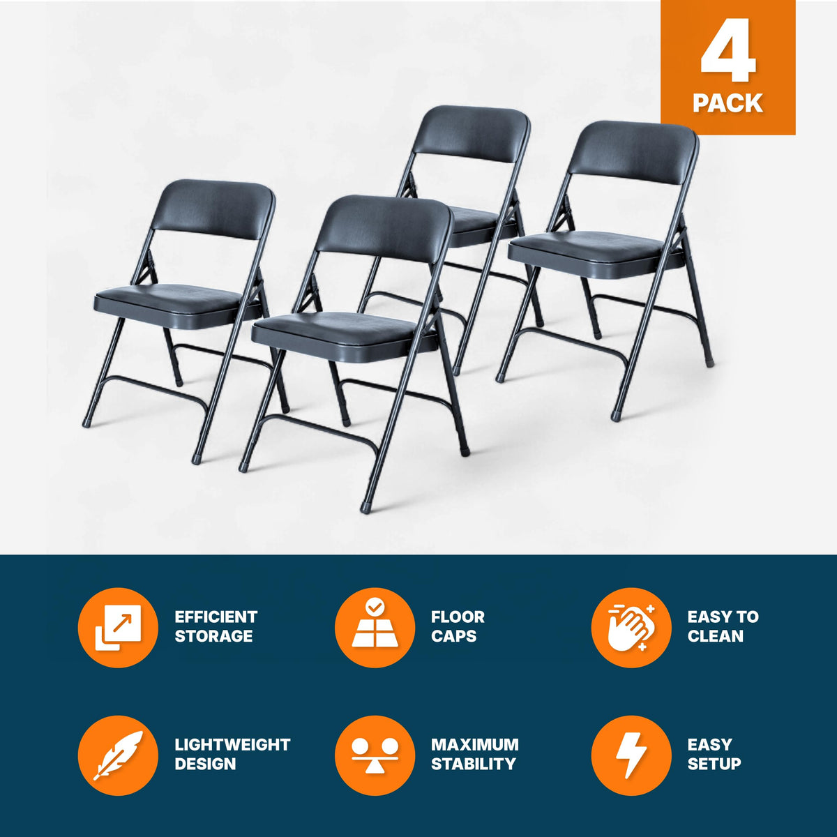 Blue Vinyl Cushioned Folding Chairs with Steel Frame, 4-Pack N32175
