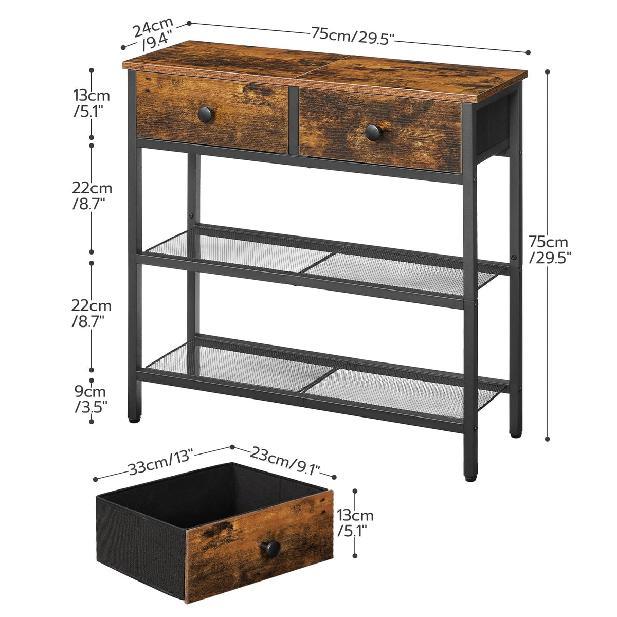 29.5" Narrow Console Table with 2 Fabric Drawers T724