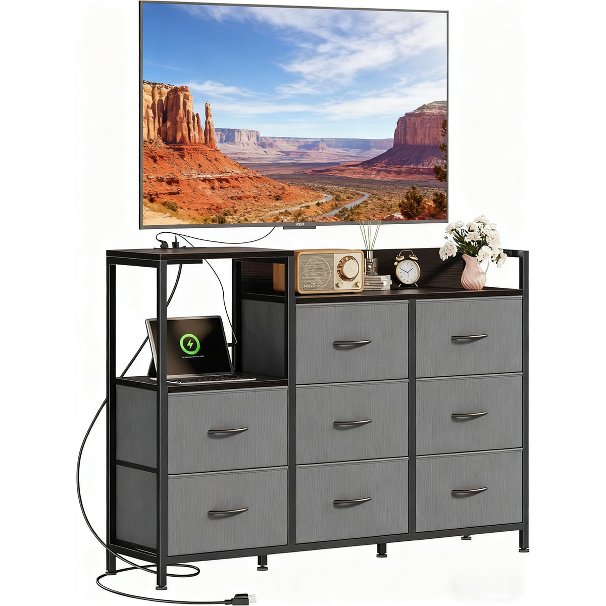 TV Stand with Charging Station, 8 Fabric Drawers Dresser Q2379